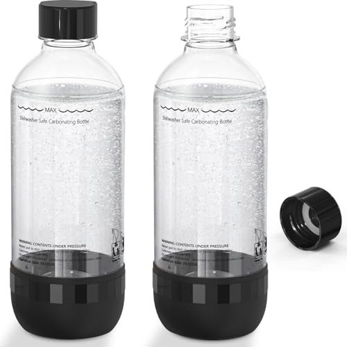 Thorder Confezione da 2 bottiglie per acqua frizzante da 1L, PCTG, resistente al calore fino a 110°C, BPA-free, lavabile in lavastoviglie, compatibile con soda maker, per casa e viaggi – Nero