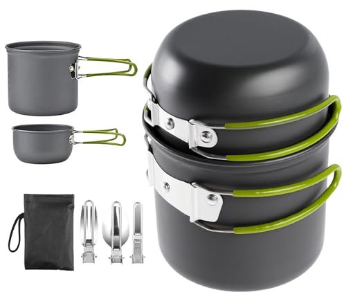 Juego de utensilios de cocina para camping, juego de vajilla con cubiertos plegables, olla de camping de aluminio, utensilios de cocina para exteriores para 1-2 personas, vajilla portátil para