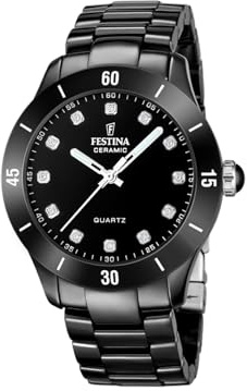 Festina Damen Uhr Analog Keramik Schwarz - Quarzwerk - Mineralglas hochresistent - 5 ATM wasserdicht F20723/2 - Ceramic