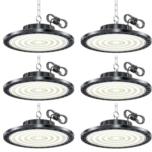 HAPYLUMI Éclairage Garage 100W 10000LM, 6PCS UFO LED 6500K Blanc Froid Lampe Atelier, IP65 Étanche Plafonnier Spot LED Puissant High Bay Eclairage Pour Garage Atelier Grange Entrepôt