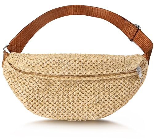 PANTIDE Sac de poitrine d'été en paille – Sac à bandoulière en paille pour femme, homme, fille, garçon avec bretelles réglables tissées, ceinture de plage, sac à main pour pique-nique, piscine, gym