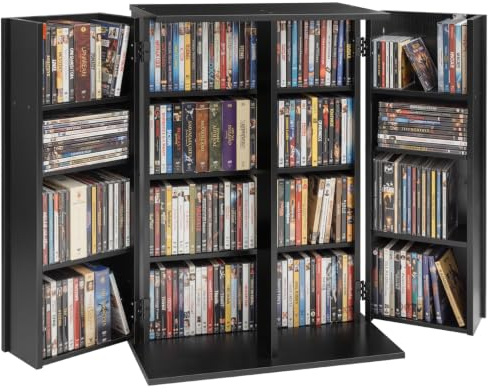 VEVOR Media Storage Cabinet, 4-Tier DVD Shelf Organizer, 24.02 x 14.49 x 33.31 in Multimedia Storage Organizer for CDs, DVDs, Books, Games, CD Shelf for Living Room, Home Office, Recording Room, Black