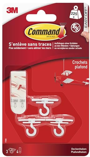 Command 17008 Ceiling, 225 g Load Capacity, 3 Hooks, 4 Strips, White, Standard
