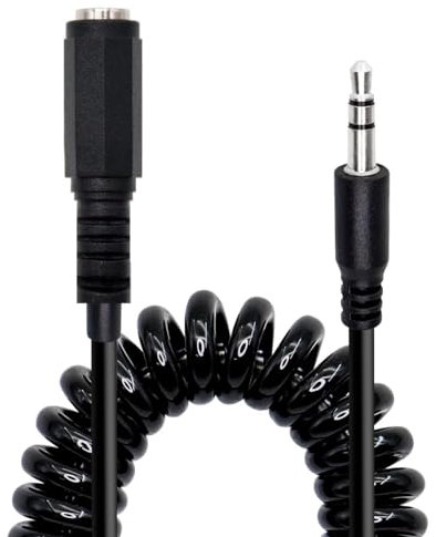 CABLEPELADO Cable Audio alargador Extensor, Cable Jack Audio Estéreo 3,5 mm Macho a Hembra, Espiral 80 cm sin estirar y 3 Metros estirado, para Altavoces, Auriculares, Móvil, Tablet, MP3 | Negro