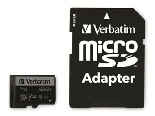 Verbatim Pro U3 Micro SDXC Speicherkarte mit Adapter, 128 GB, Datenspeicher für 4K Ultra HD Video-Aufnahmen, Micro SD Karte in schwarz, ideal für Action-Cams, Camcorder, Smartphones und Tablets