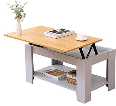 HOME MODERN Lift Top Coffee/Sofa Tables with Large Hidden Drawers and Bottom Shelf Wooden Living Room/Office Furniture,85X50X45CM;Grey+Oak Color