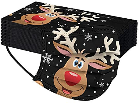 QinMMSPORTS 50 Stück Erwachsene für Masken für Mundschutz Einweg Weihnachtsmotiv Weihnachten Muster Elch 3D Druck Christmas Nasenschutz Mund-Tuch Atmungsaktiv Halstuch Schals