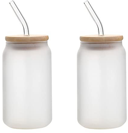 VKTY Einmachgläser aus Milchglas, mit breiter Öffnung, Becher mit Deckel und Strohhalm, wiederverwendbare Trinkgläser für Eiskaffee, Saft, Limonade, Getränke, 2 Stück