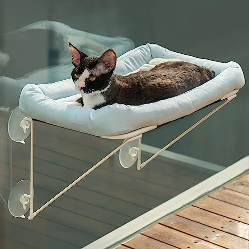 MEWOOFUN Pliable lit de fenêtre pour Chat métal avec Un lit pour Animal Domestique - Fort hamac fenêtre Chat Peut Supporter jusqu'à 18 kg pour Les Bains de Soleil, la Sieste, 52 x 30cm Bleu