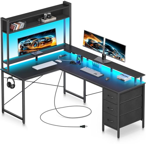 Seventable Computertisch L-förmig mit LED-Lichtern und Steckdose, 142,2 cm, wendbarer Gaming-Schreibtisch mit 3 Schubladen und Aufbewahrungsstall, Heimbüro-Schreibtisch mit Monitorständer,
