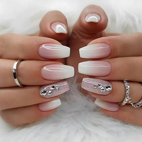 24 Pièces Faux Ongles Carrés, Moyen Français Press on Nails Rose Blanc Gradient Ongles à Coller, Acrylique Bâton sur Les Ongles avec Strass Square Artificiels Faux Ongles Autocollants pour Femmes