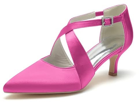 WeFloHsL Women's Low Kitten Heels Pumps Satin Cross Strap Pointed Toe D'Orsay Dress Wedding Bridal Party Court Shoes 2102-05,Rose,5 UK