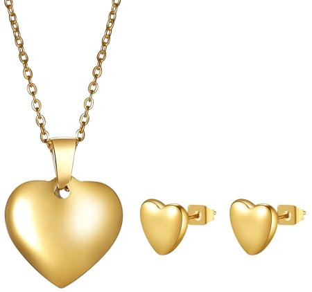 JewelryWe Herz Schmuck Set Damen: Gold 3-Teilig Edelstahl Ohrringe mit Herz Anhänger Halskette Herzförmig Ohrstecker Kette Schmuckset für Frauen Mädchen