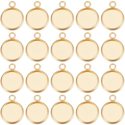 Beebeecraft 1 scatola 50 pezzi Ciondolo Cabochon Impostazioni Placcato Oro 18K 304 vassoio Cabochon In Acciaio Inossidabile Da 12mm Fascino per La Creazione di Gioielli Foto Cameo