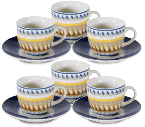 ARCA, Set 6 Tazzine da Caffè Apulia II con Piattino, Realizzate in Porcellana Decorata, Capacità 90 ml, 11x6 cm, Blu