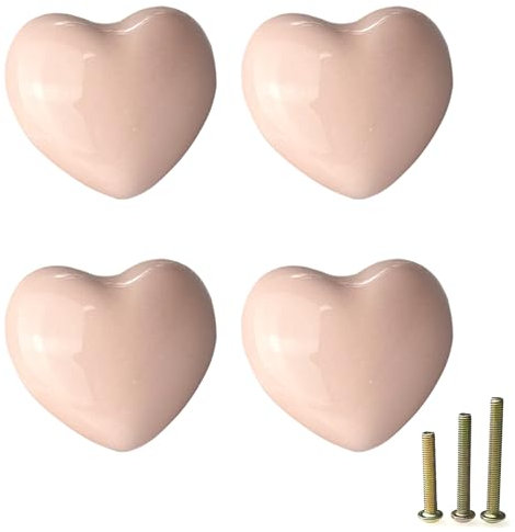 Mimhooy 4 Pack Pale Pink Ceramic Drawer Knobs Decorative Cabinet Knobs, Heart Shaped Cupboard Knobs, Knobs for Cupboards & Draws