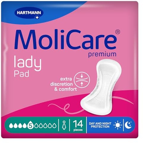MoliCare Premium Lady Pad 5 Drops Extra-Long Incontinence Pads for Women with Moderate Bladder Weakness, Nighttime Protection, Odour Neutraliser, Advanced Skin Protection, 14 Pieces