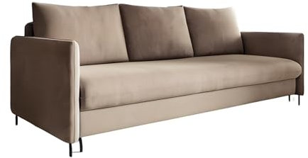 Belissa Sofa mit Schlaffunktion Velours mit Bettkasten 216 x 91 cm grau mit Schlaffunktion 3-Sitzer Sofa für Wohnzimmer mit Schlaffunktion aus Samt (Riviera 24 - Karamell)