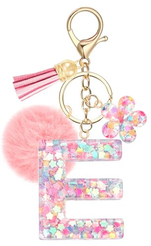 JSRQT Niedlicher Rosa Schlüsselanhänger Buchstaben E, Namens Alphabet Harz Schlüsselanhänger Blumen Pailletten mit Pompons, Taschenanhänger Key Chain für Frauen Mädchen Handtaschen Rucksack Dekor