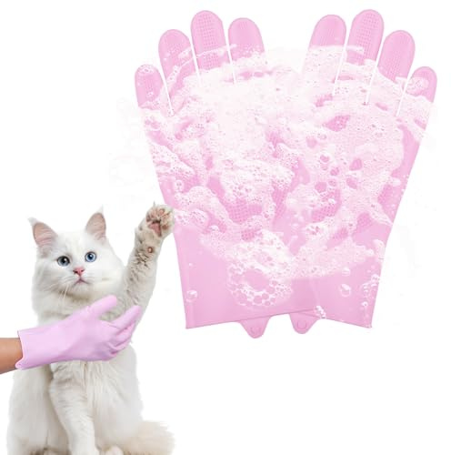 XLIUAX 1 Pairs Cat Bathing Gloves, Dog Bath Supplies Pet Grooming Gloves Cat Bathing Supplies Pink Rubber Glove with High-Density Teeth for Pets Massaging Hair Remover Cleaning Body Bath