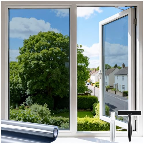 DOWELL One Way Window Film Privacy with Tools, Silver, 44.5x200cm | Heat Reflective Privacy Film for Glass Mirror Tint Film Anti Glare UV, Sun Block Static Cling See Out Not In for Home, Office