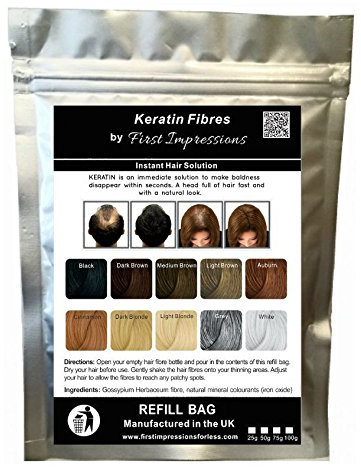 100% Natural Keratin Hair Fibre Refill For Hair Loss - Alopecia & Chemotherapy (100g, Medium Brown)