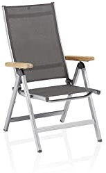 KETTLER Granada Multipositionssessel – Gartenstuhl Hochlehner verstellbar mit Armlehnen aus Teak-Holz – wetterfester Gartensessel aus Aluminium & Outdoorgewebe – Silber/anthrazit