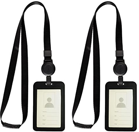 2 Stück Ausweishalter mit Schlüsselband, Ausweishülle mit Lanyard, Vertikaler Kartenhalter aus Kunststoff mit durchsichtigem Ausweisfenster & Kartenfach und Einziehbarer Umhängeband - Black