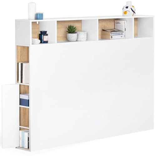 IDMarket - Kopfteil mit Fuß, Cleo, 145 cm, mit geschlossenen Fächern und Nisten, Weiß und Buche-Optik