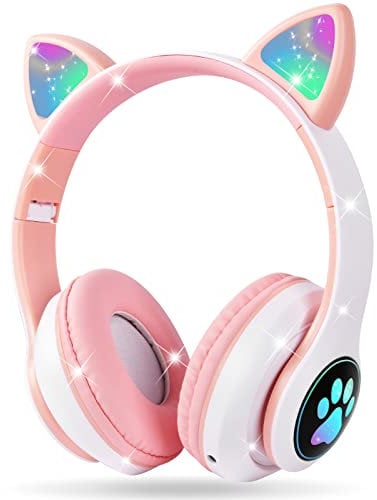 AXFEE Kopfhörer Kinder, Kinderkopfhörer Bluetooth, Mädchen Katzenohr Over-Ear mit LED-licht Faltbare Stereo Kabellose, Mikrofon,Micro SD/TF für Handy/Tablet/PC