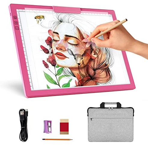 Wiederaufladbar A4 Leuchttisch mit Tasche,batteriebetrieben Led Licht Pad 6 Helligkeitsstufen Leuchttafel zum Nachzeichnen,Wiederaufladbare Leuchtplatte für Zeichnung,Diamond Painting, Animation