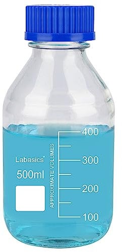 Labasics Round Media Storage Bottles with GL45 Blue Screw Cap, Glass Clear Wide Mouth Graduated Round Reagent Media Storage Lab Glass Bottle, 500 ml