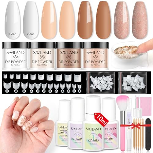 SAVILAND Dip Powder Nail Kit: 4 Colors Keratin Dipping Powder with French Nails Tips and Glue Dip Base Top Coat Nail Activator French Nail Starter Set for Beginner Home DIY(No Needed Nail Lamp Curing)