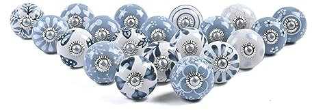 RAJRANG - Juego de 20 pomos de cerámica para gabinete, color gris y blanco, tiradores de cajones antiguos, pomos de cocina para armarios y cajones