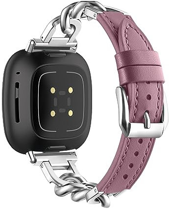 Lederarmband Mit Metall Ketten für Fitbit Versa 4/Versa 3/Sense/Sense 2 Armband Damen Fitbit Versa 4/3 Edelstahl Ersatzarmband Kompatibel mit Fitbit Versa 4/Versa 3/Sense/Sense 2 Uhrenarmband (6)