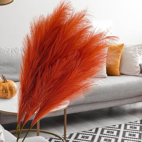Faux Orange Pampas Grass For Large Floor Vase and Ornaments, 3 stems Decorative Artificial Flora, Autumnal Decorations Accessories, Autumn Stems Wedding Decorations, Burnt Orange Decor Long Feathers