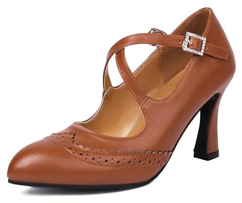 SacciButti Women Retro Cross Straps Oxfords Pumps High Heel Mary Jane Shoes Vintage Court Shoes Comfortable Dress Work Shoes Wingtips Brown 3