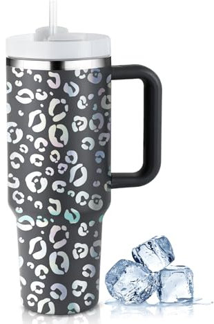 PRAOAHEI 40oz Thermobecher mit Strohhalm und Henkel,1180 ML Aufgewertet Doppelwandiger Edelstahl Heiße Kalte Getränke Vakuum Trinkbecher,Kaffeebecher für Zuhause Reisen Dunkelgrau