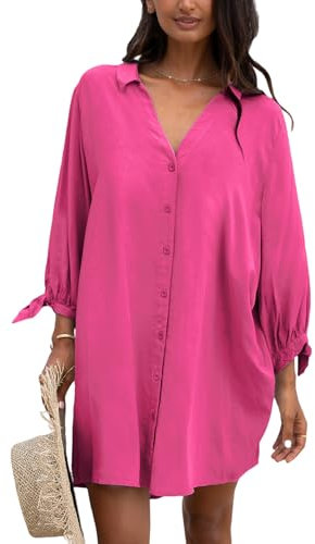 CUPSHE Vestido camisero floral para mujer, mini vestido de playa, manga 3/4, con botones, vestido de longitud media, Fucsia, Large