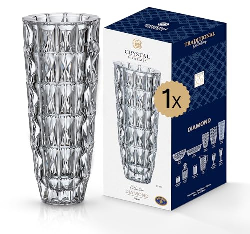 CRYSTAL BOHEMIA Glasvase - Haltbare, dekorative Vase aus Kristallglas - 135 x 135 x 327 mm - Ideal für Blumen und Kerzen - Perfekt für Alltag, Geburtstage, Hochzeiten & Partys
