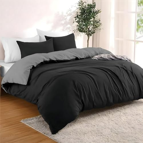 Dreamzie - Bettwäsche Set 200x200 cm mit 2 Kissenbezügen 50x70 cm Schwarz/Dunkelgrau - 1 Bettbezug 200x200 aus 100% Mikrofaser - Zertifiziert ohne Chemikalien (Oeko TEX)