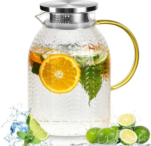 Rubessia Wasserkaraffe mit Deckel Edelstahl, 2L Glaskaraffe aus Borosilikatglas, Wasserkrug, Glas Krug Karaffe, Wasserkaraffe, Karaffe Glas, Eistee Krug für Kalte Heiße Wasser Eistee Getränke Saft