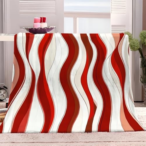 Kuscheldecke Flauschig 150x200 cm Weiche Warme Decke Rote Weiße Linien Microfaser Tagesdecke Fleecedecke als Decke Sofa, Wohndecke oder Couchdecke überwurf
