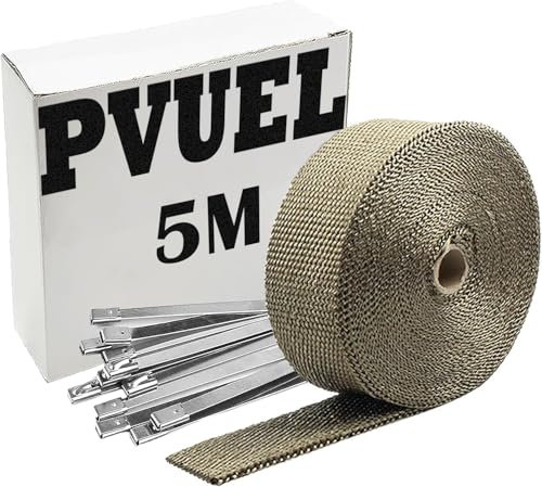PVUEL 5M Titan - Cinta de protección térmica de fibra de basalto para tubo de escape con 10 bridas de acero inoxidable, para colector de escape de motocicletas y coches