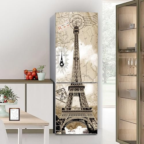 HD DIY Fridge Sticker,Fridge Wraps Kitchen Fridge Stickers Cover Full Doors,Fridge Sticker Full Covering Door Fridge Covers Skins Wall Stickers for Kitchen Decal,Retro Map Eiffel Tower(M: 60x180 cm)