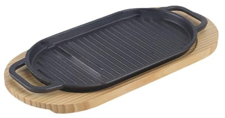 Fenteer Plaque de Cuisson en Fonte pour Steak avec Support en Bois, Assiette pour Service à La Maison, Petit