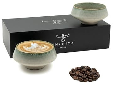 Pheniox | Cappuccino Tassen Set Barista Green- 2x 180 ml | hochwertige Latte Art Tassen aus Porzellan - Kaffeetassen ohne Henkel | zeitloses, modernes Design - spülmaschinenfest | Geschenk Mann Frau