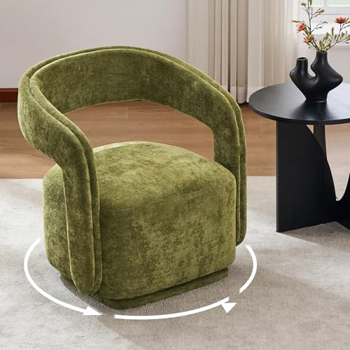 DEKKETO Chenille Oversize Drehsessel mit geschwungener Rückenlehne, Grün | 360° drehbar, 56 cm große Sitzfläche, 10 cm dickes Kissen, einfache Montage, 65,5x70x74 cm, für Wohnzimmer und Schlafzimmer