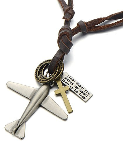 COOLSTEELANDBEYOND Unisex Vintage Flugzeug Anhänger Herren Damen Halskette mit Verstellbaren Lederband
