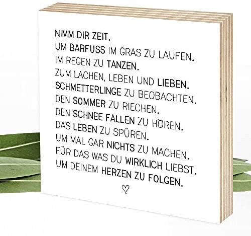 Wunderpixel® Holzbild Nimm Dir Zeit - 15x15x2cm zum Hinstellen/Aufhängen, echter Fotodruck mit Spruch auf Holz - schwarz-weißes Wand-Bild Aufsteller Zuhause Büro zur Dekoration Geschenk-Idee